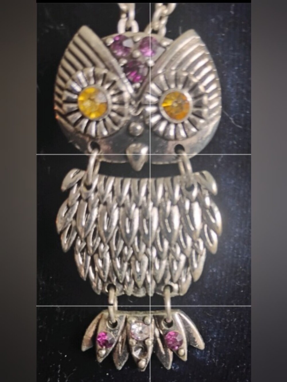 Silver Owl Pendant Necklace with Yellow and Pink Stones